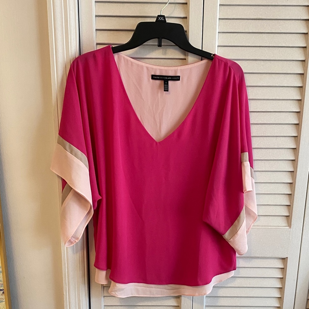 White House Black Market Fuchsia and Light Pink Flutter-Sleeve Blouse
